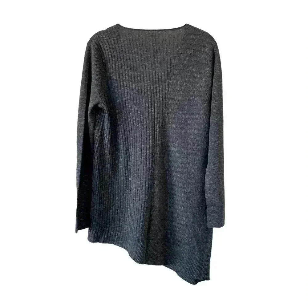 Eileen Fisher Gray Ribbed Knit Sweater Small Asymmetrical Hem V-Neck Linen Blend